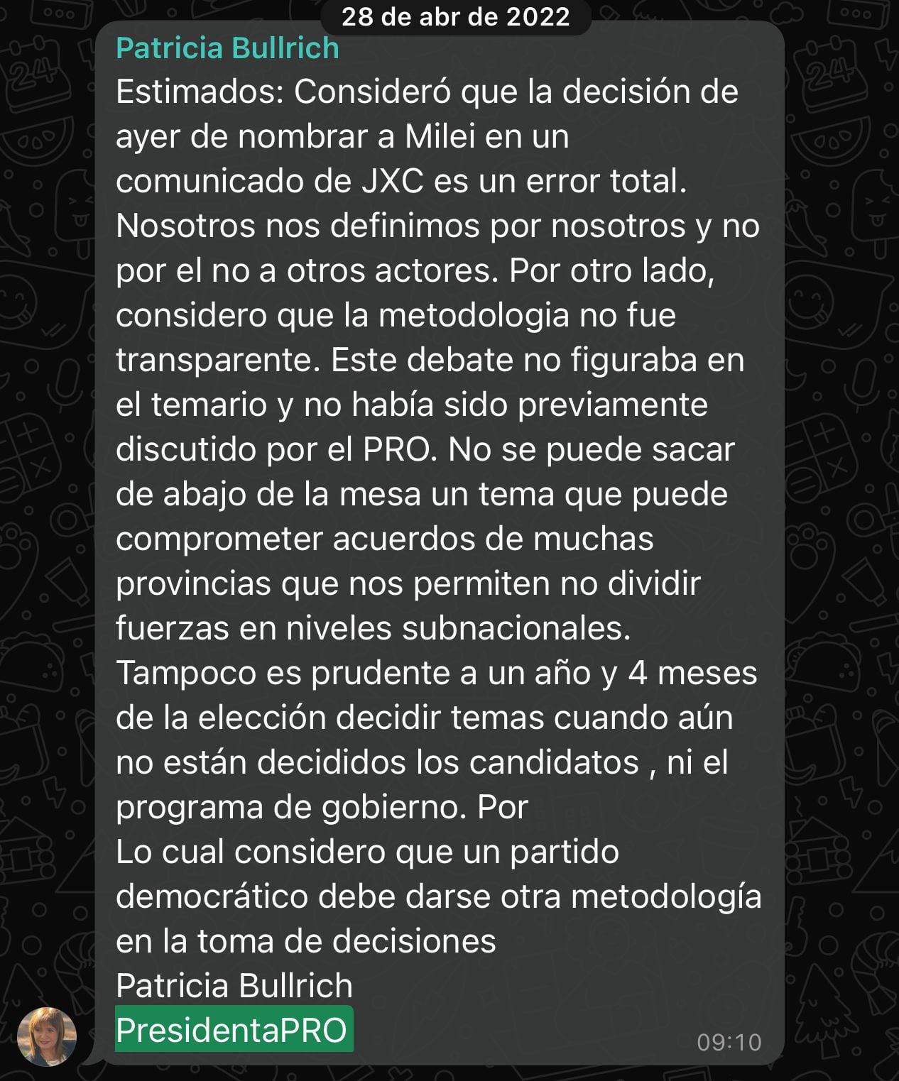 patricia-bullrich-difundio-un-viejo-mensaje-de-whatsapp-para-respaldar-su-version-tras-ser-desmentida-por-sus-exsocios-1 Patricia Bullrich difundió un viejo mensaje de WhatsApp para respaldar su versión tras ser desmentida por sus exsocios