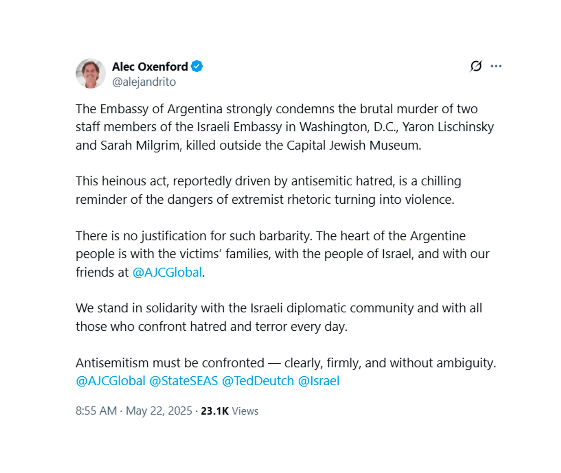 no-hay-justificacion-para-tal-barbarie-la-embajada-argentina-repudio-el-asesinato-de-dos-diplomaticos-frente-al-museo-judio-de-washington-1 “No hay justificación para tal barbarie”: la embajada argentina repudió el asesinato de dos diplomáticos frente al Museo Judío de Washington