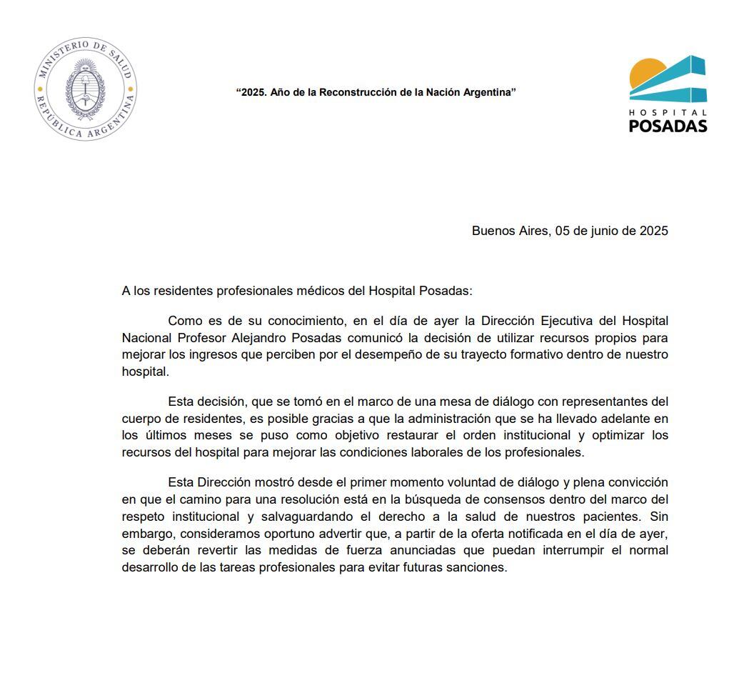 el-hospital-posadas-les-informo-a-los-residentes-que-recibiran-un-aumento-pero-anticipo-que-habra-sanciones-si-van-al-paro-2 El Hospital Posadas les informó a los residentes que recibirán un aumento, pero anticipó que habrá sanciones si van al paro