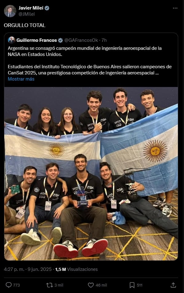 javier-milei-celebro-el-titulo-que-ganaron-diez-estudiantes-argentinos-en-el-mundial-aeroespacial-que-organizo-la-nasa-1 Javier Milei celebró el título que ganaron diez estudiantes argentinos en el Mundial Aeroespacial que organizó la NASA