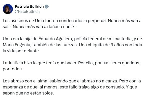 patricia-bullrich-destaco-el-trabajo-de-la-justicia-tras-la-condena-a-los-acusados-por-el-crimen-de-uma-aguilera-1 Patricia Bullrich destacó el trabajo de la Justicia tras la condena a los acusados por el crimen de Uma Aguilera