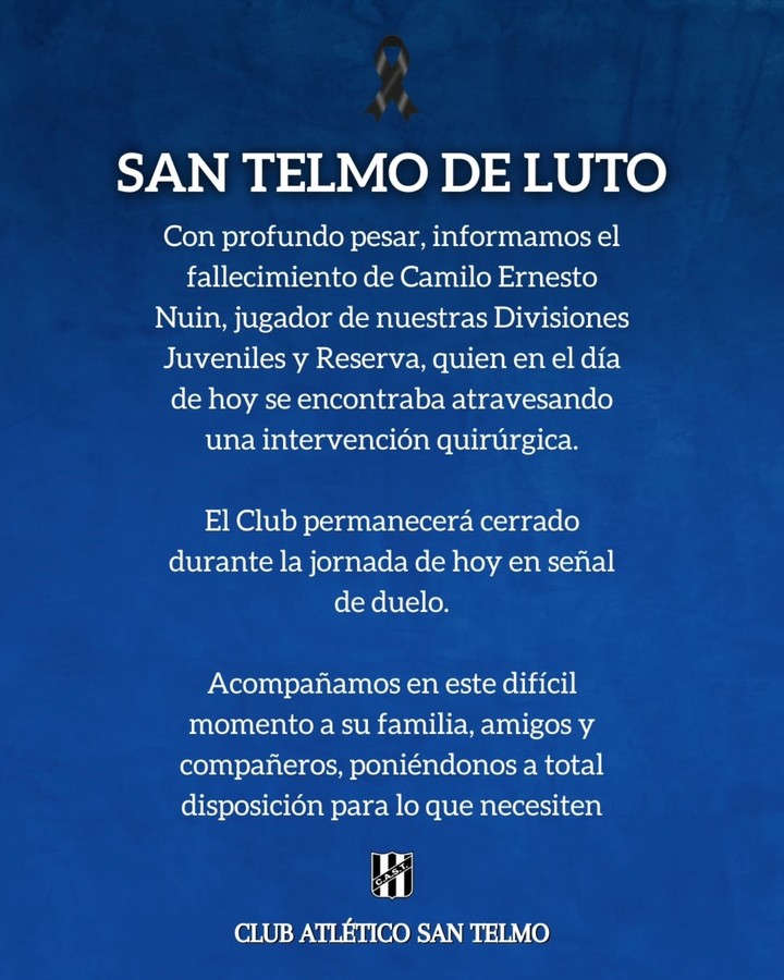 san-telmo-de-luto-por-el-fallecimiento-de-camilo-nuin-jugador-de-reserva-1 San Telmo, de luto por el fallecimiento de Camilo Nuin, jugador de Reserva