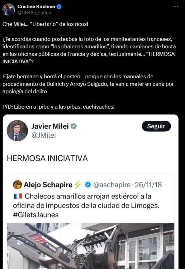 che-milei-cristina-kirchner-le-envio-un-nuevo-mensaje-al-presidente-y-pidio-la-liberacion-de-los-detenidos-por-la-agresion-a-la-casa-del-diputado-espert-1 “Che Milei”: Cristina Kirchner le envió un nuevo mensaje al Presidente y pidió la liberación de los detenidos por la agresión a la casa del diputado Espert