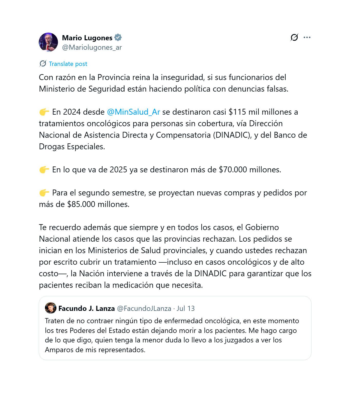lugones-le-respondio-a-un-funcionario-de-kicillof-y-defendio-la-gestion-de-salud-para-el-tratamiento-de-pacientes-con-cancer-1 Lugones le respondió a un funcionario de Kicillof y defendió la gestión de Salud para el tratamiento de pacientes con cáncer