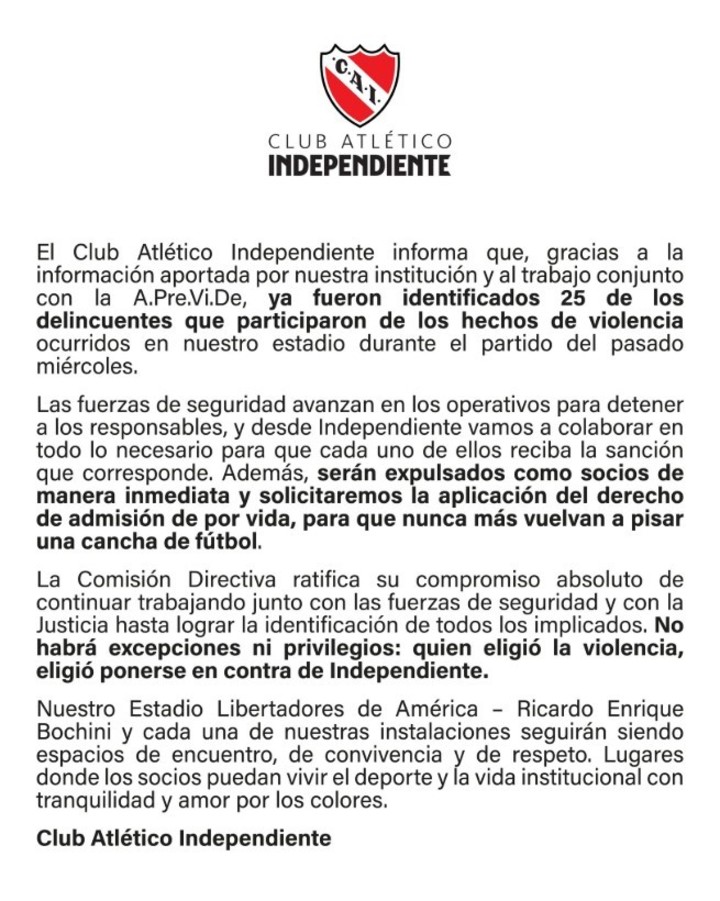 independiente-emitio-un-fuerte-comunicado-en-el-que-informa-que-fueron-identificados-25-de-los-delincuentes-quienes-seran-expulsados-como-socios-2 Independiente emitió un fuerte comunicado en el que informa que "fueron identificados 25 de los delincuentes", quienes "serán expulsados como socios"