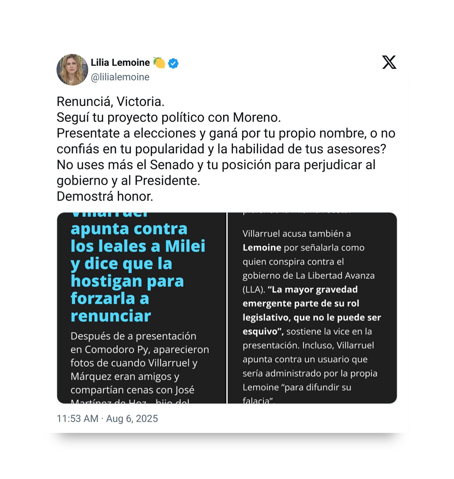 renuncia-victoria-lilia-lemoine-volvio-a-cuestionar-a-villarruel-y-la-acuso-de-perjudicar-al-gobierno-1 “Renunciá, Victoria”: Lilia Lemoine volvió a cuestionar a Villarruel y la acusó de perjudicar al Gobierno