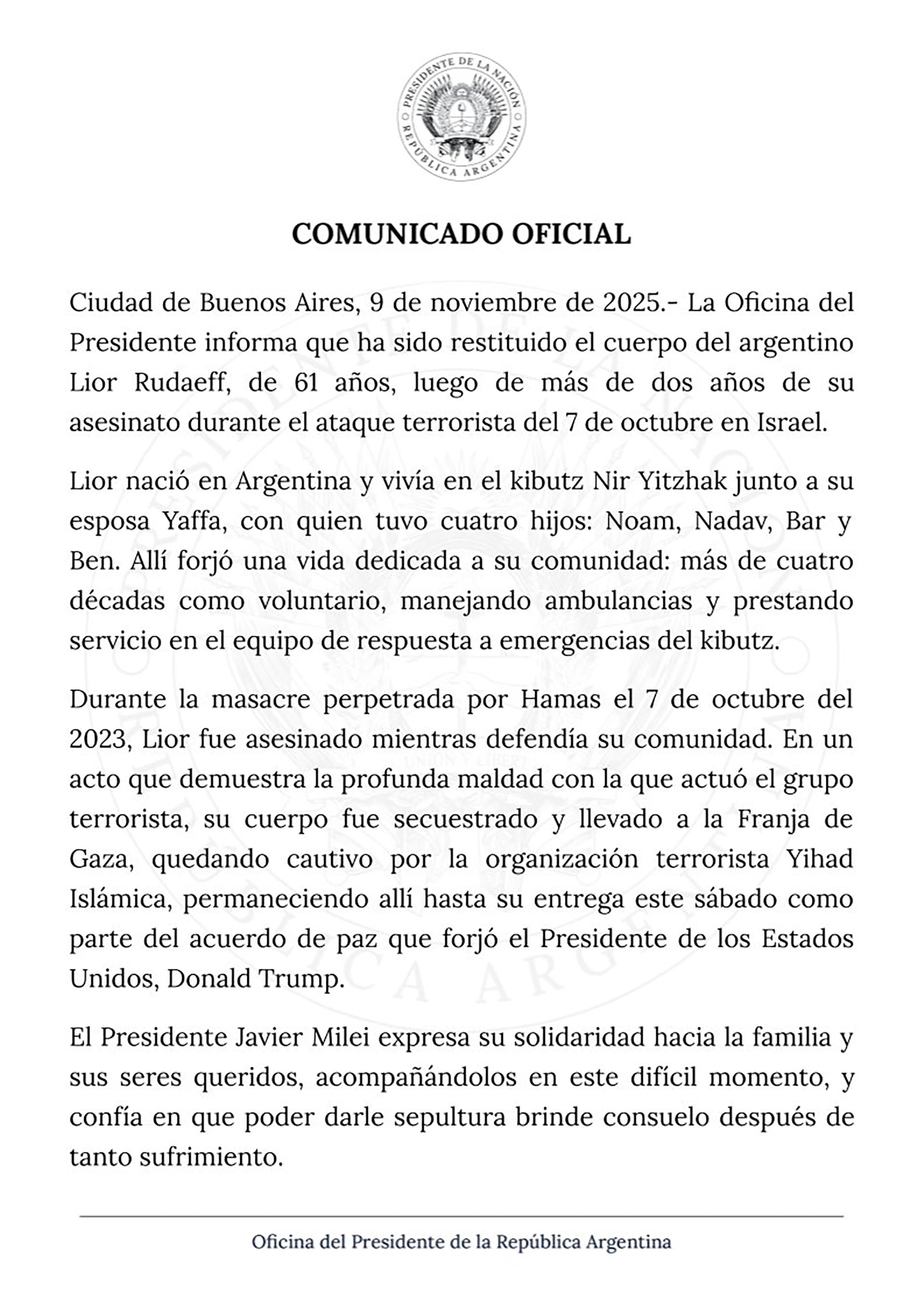 el-gobierno-argentino-expreso-solidaridad-con-la-familia-de-lior-rudaeff-el-rehen-argentino-cuyo-cuerpo-fue-restituido-por-hamas-a-israel-1 El Gobierno argentino expresó solidaridad con la familia de Lior Rudaeff, el rehén argentino cuyo cuerpo fue restituido por Hamás a Israel