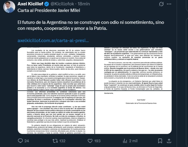 kicillof-publico-una-carta-publica-a-milei-con-criticas-el-modelo-economico-y-un-nuevo-pedido-de-dialogo-1 Kicillof publicó una carta pública a Milei con críticas el modelo económico y un nuevo pedido de diálogo