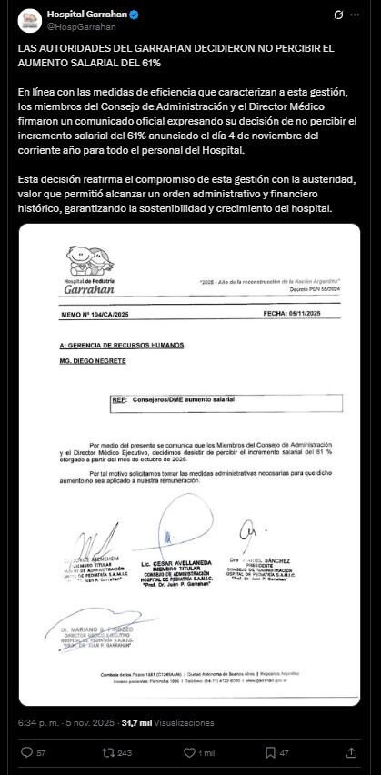 las-autoridades-del-hospital-garrahan-anunciaron-que-no-percibiran-el-aumento-salarial-que-informo-el-gobierno-1 Las autoridades del Hospital Garrahan anunciaron que no percibirán el aumento salarial que informó el Gobierno