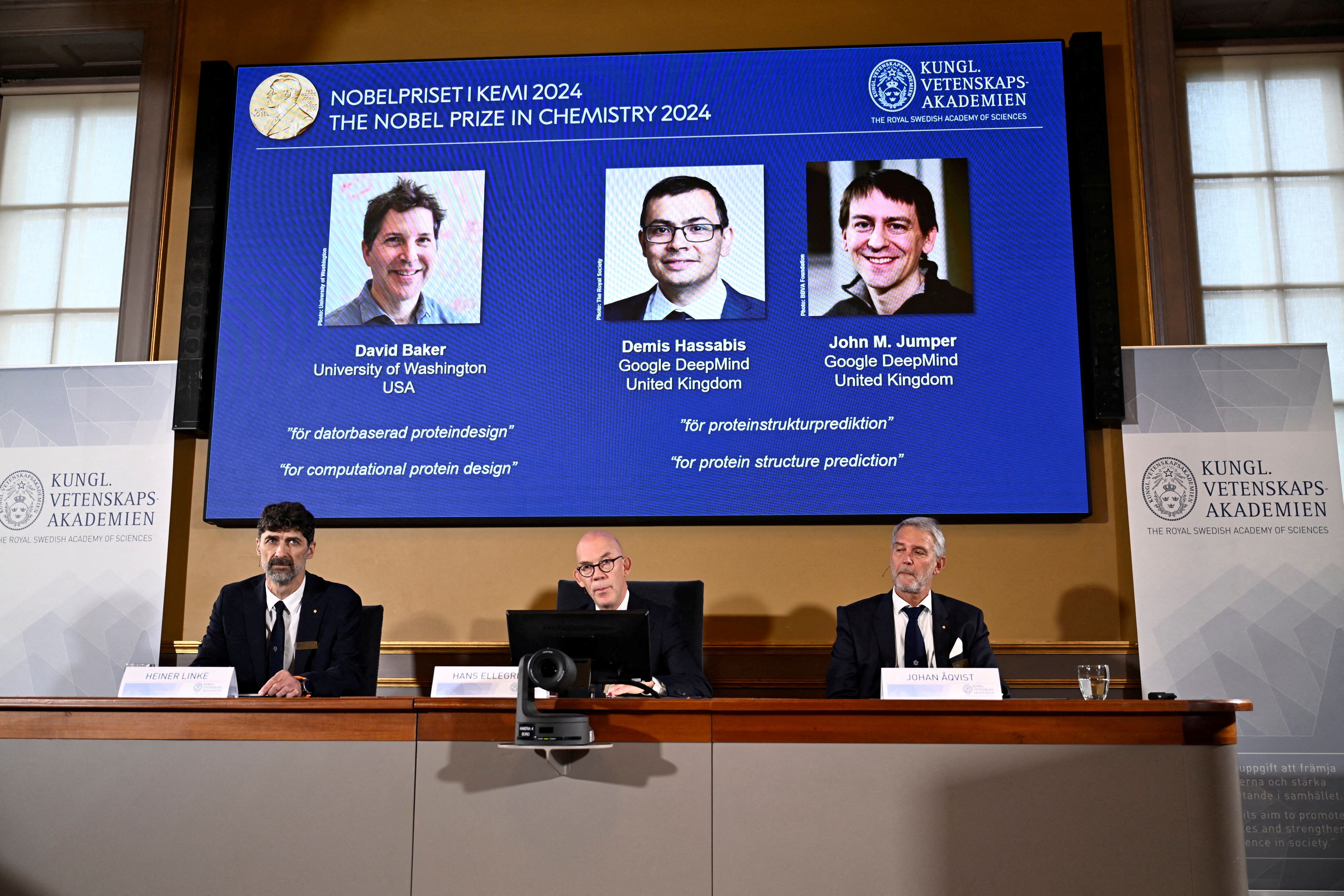 La academia sueca anuncia el Premio Nobel de Química en 2024 otorgado a los creadores de AlphaFold, John Jumper y Demis Hassabis, junto con David Baker (Reuters)