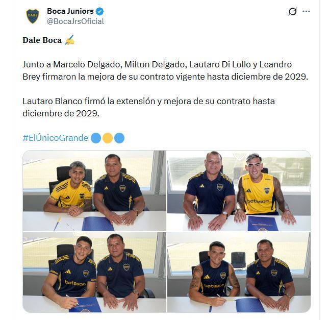 Milton Delgado, Lautaro Di Lollo, Leandro Brey y Lautaro Blanco también tuvieron mejoras en sus contratos con Boca Juniors