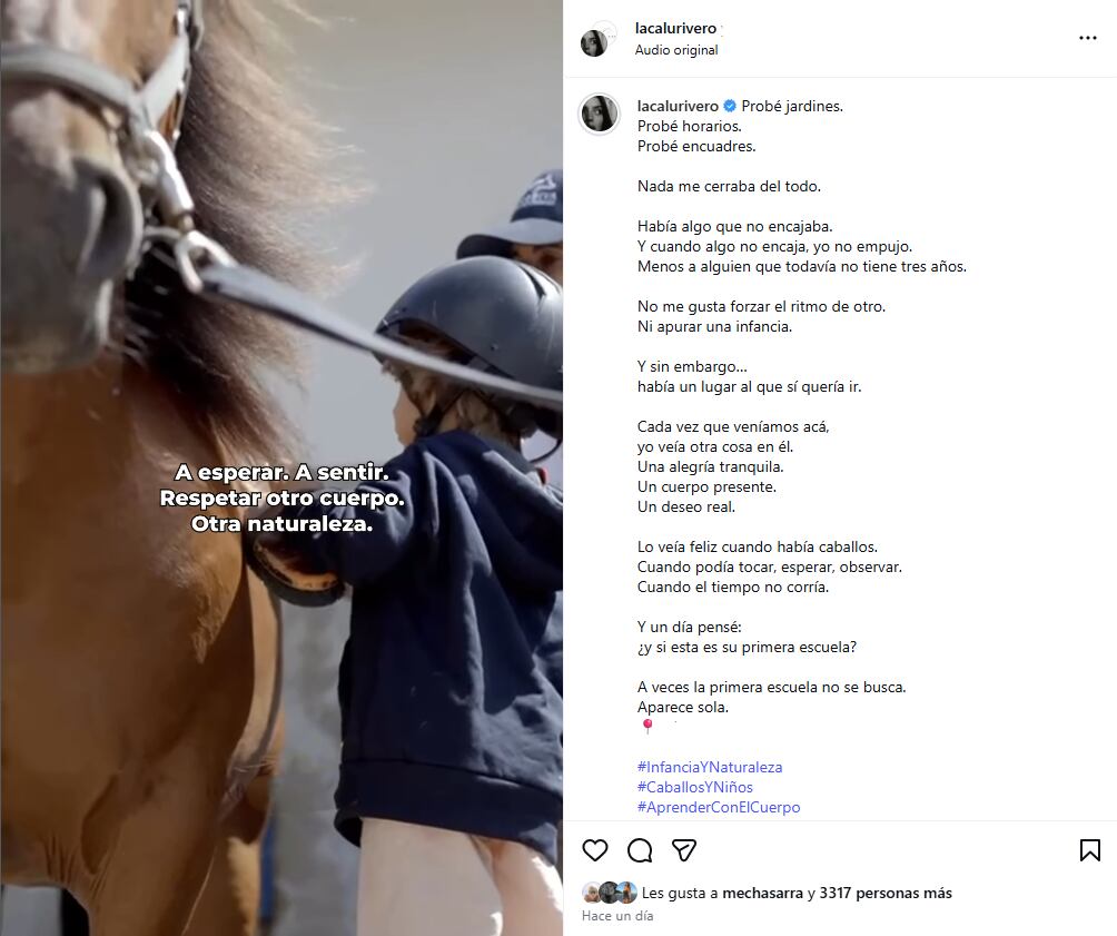 “Probé jardines. Probé horarios. Probé encuadres. Nada me cerraba del todo. Había algo que no encajaba. Y cuando algo no encaja, yo no empujo. Menos a alguien que todavía no tiene tres años”, afirmó Calu Rivero (Instagram)