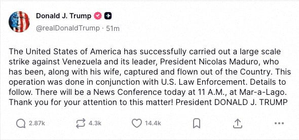 El presidente de Estados Unidos, Donald Trump, dice que las fuerzas estadounidenses capturaron al dictador venezolano, Nicolás Maduro, y a su esposa, Cilia Flores, en un ataque a gran escala, según una publicación en su cuenta de redes sociales el 3 de enero de 2026. (@realDonaldTrump/Handout via REUTERS)