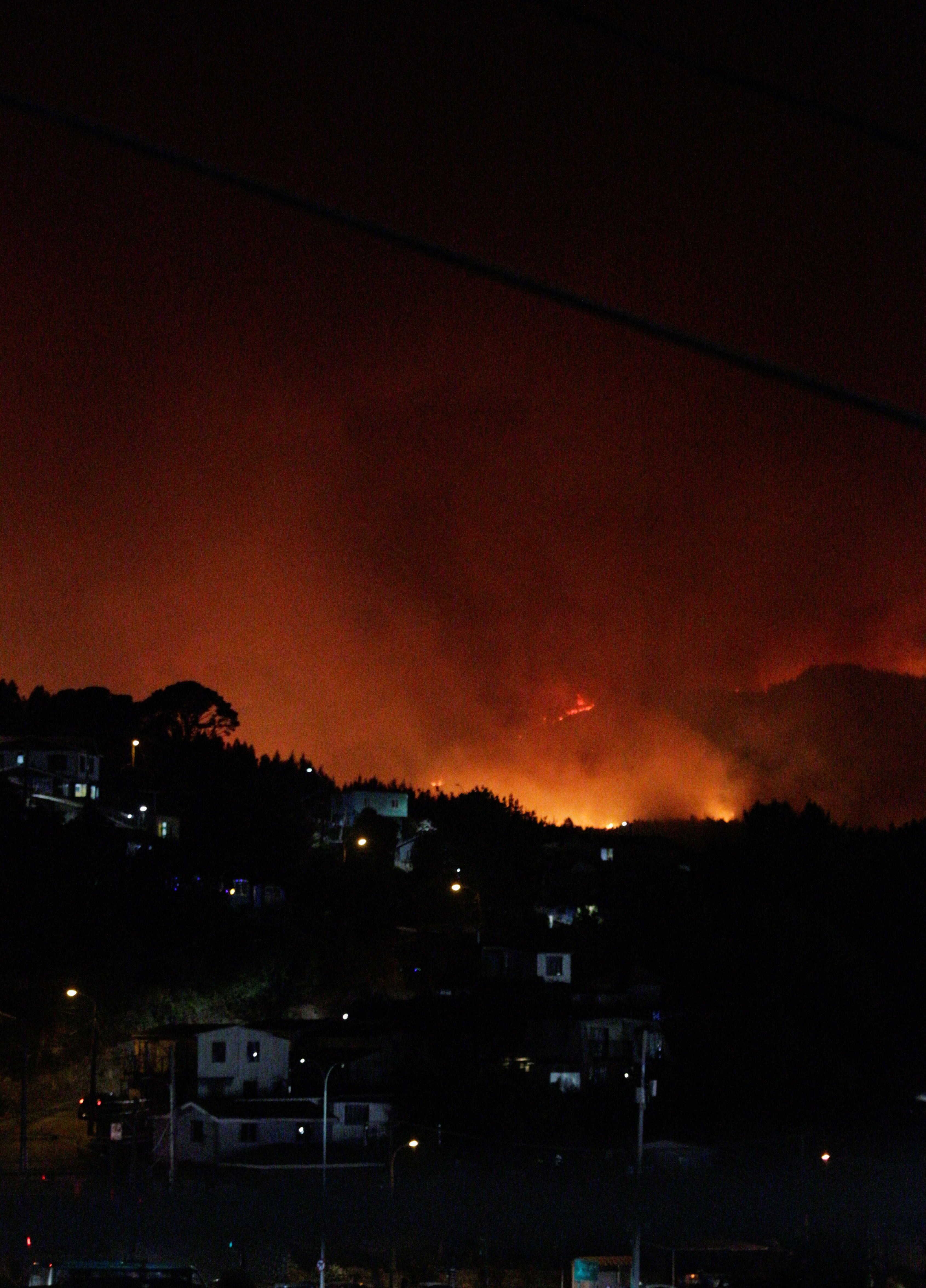 Fire and smoke rise from a forest fire in the Biobio region, where multiple wildfires prompted emergency evacuations, according to local media, in Concepcion, Chile, January 17, 2026. REUTERS/Pablo Hidalgo