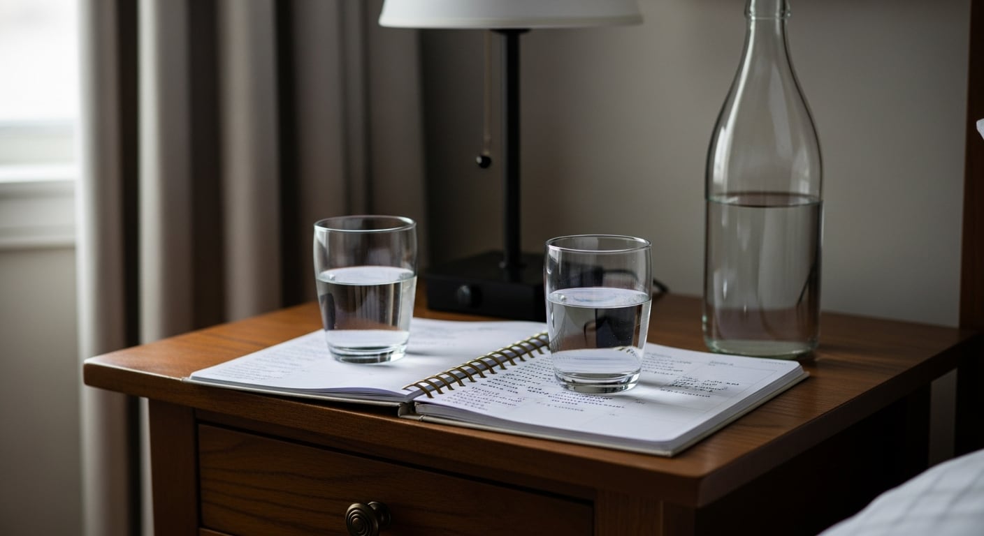 Acumular botellas, vasos y tazas en la mesa de luz incrementa el desorden; la regla de un solo recipiente ayuda a mantener un ambiente limpio