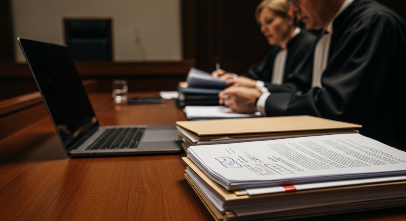 En una sala de audiencias, dos jueces analizan expedientes y documentos legales junto a una computadora portátil, reflejando la importancia de la tecnología y la documentación en los procesos judiciales modernos. (Imagen Ilustrativa Infobae)