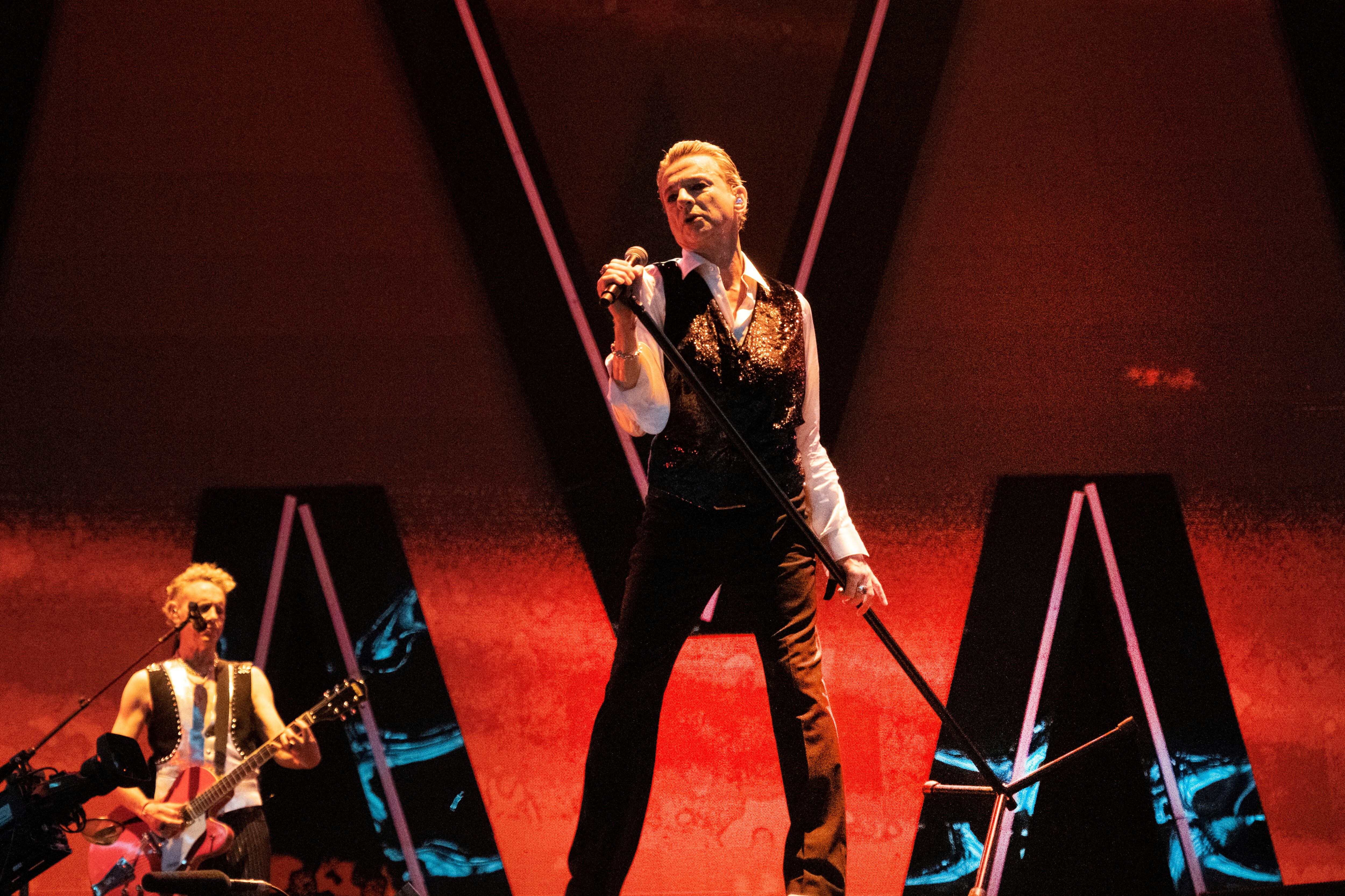 Lead singer Dave Gahan of Depeche Mode performs onstage, during the English pop group's Memento Mori World Tour, at the Parken stadium, in Copenhagen, Denmark June 27, 2023. Helle Arensbak/Ritzau Scanpix/via REUTERS ATTENTION EDITORS - THIS IMAGE WAS PROVIDED BY A THIRD PARTY. DENMARK OUT. NO COMMERCIAL OR EDITORIAL SALES IN DENMARK.