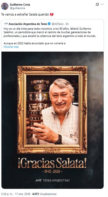 El posteo de Guillermo Coria para despedir a Salatino