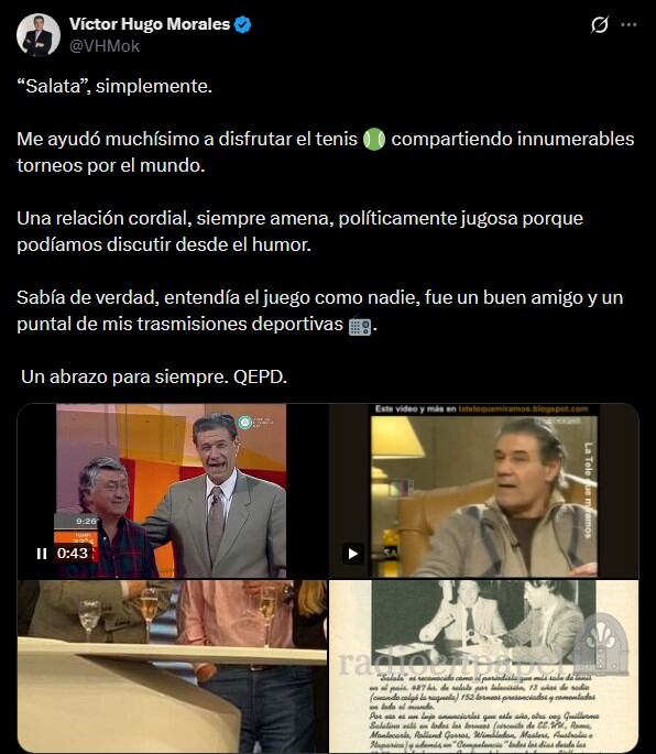 El mensaje de Víctor Hugo Morales para despedir a Guillermo Salatino