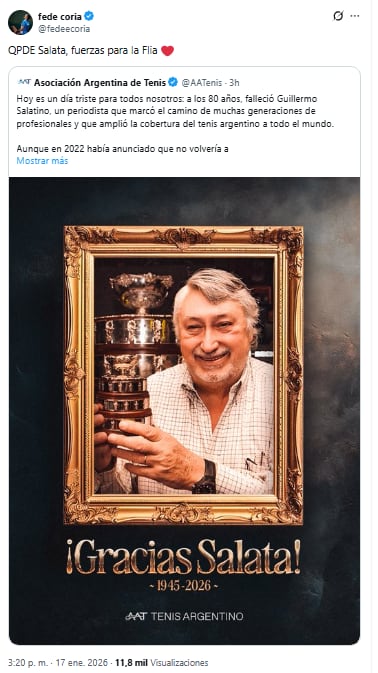 El saludo del tenista Federico Coria a Salatino