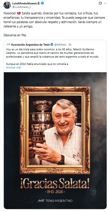Luis Alfredo Álvarez, uno de los tantos periodistas del mundo del tenis que se despidió de Salatino