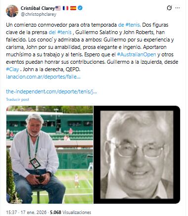 El reconocido escritor Christopher Clarey le dedicó el pésame a Salata en sus redes