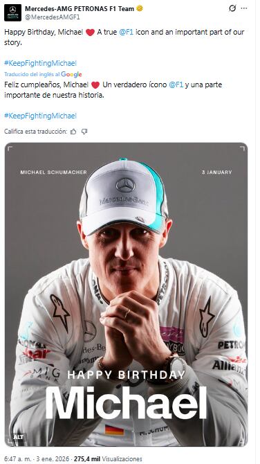 El posteo de Mercedes en homenaje a Schumacher