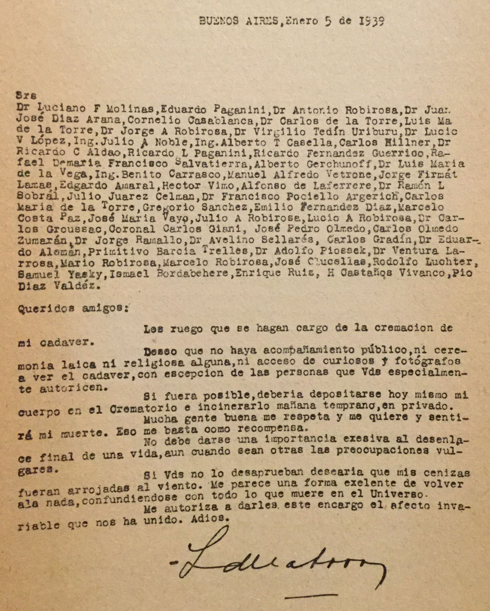 La carta que le dejó a sus amigos, con sus instrucciones sobre lo que debían hacer a su muerte