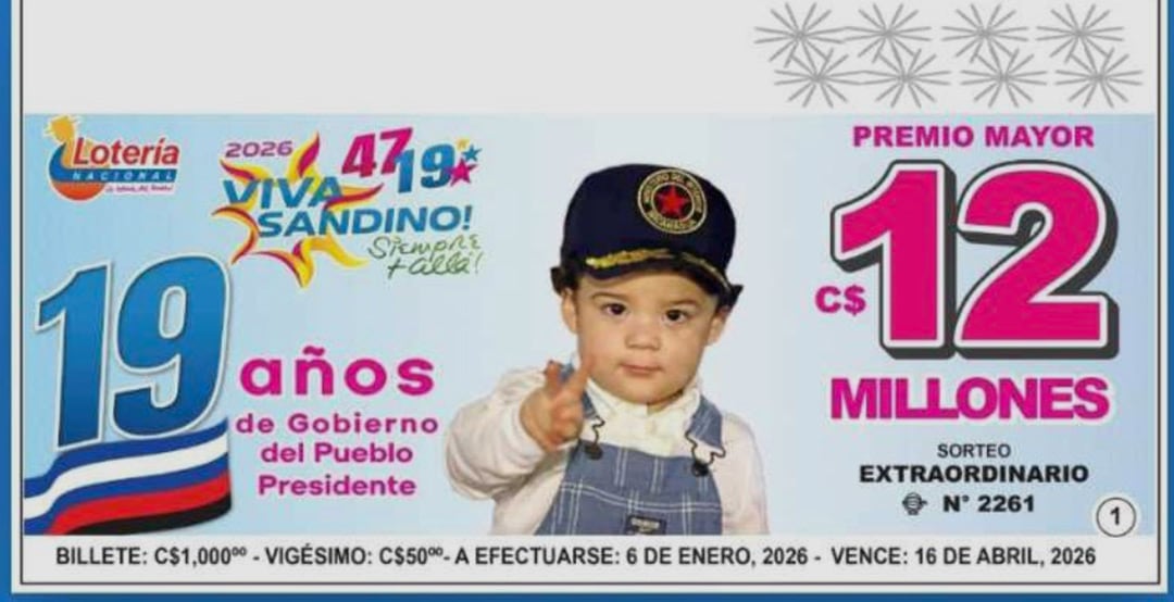 Cargado de símbolos políticos y familiares, el billete de lotería de este próximo martes, en Nicaragua. (Imagen de Lotería Nacional) 