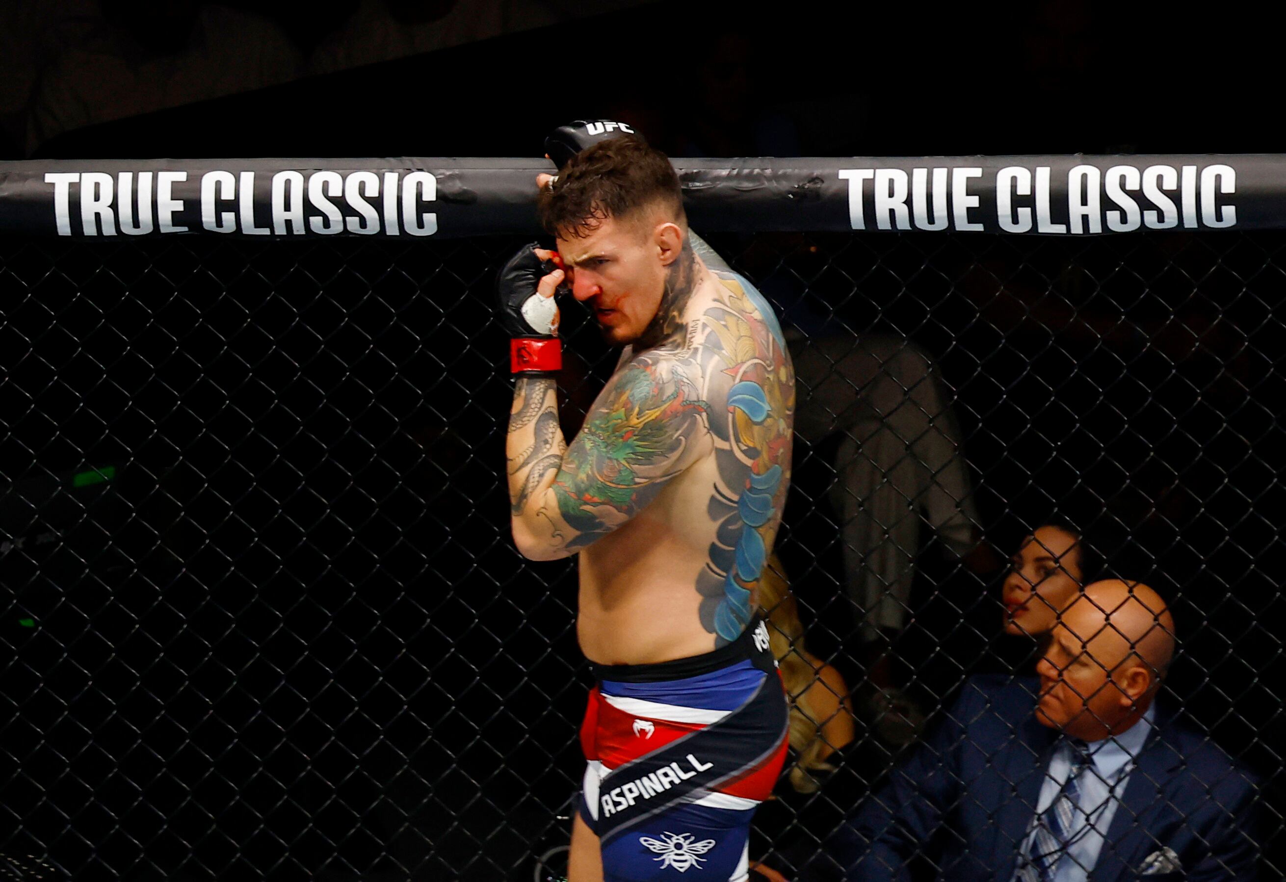 Mixed Martial Arts - UFC 321 - UFC Heavyweight Title - Tom Aspinall v Ciryl Gane - Etihad Arena, Abu Dhabi, United Arab Emirates - October 25, 2025 Tom Aspinall reacts after his fight against Ciryl Gane REUTERS/Rula Rouhana