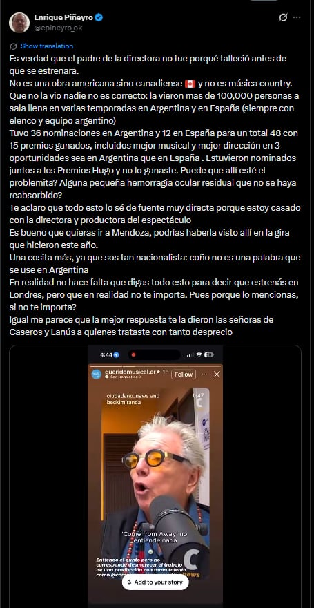 La respuesta del director Enrique Piñeyro a Pepe Cibrián sobre la obra musical Come from away