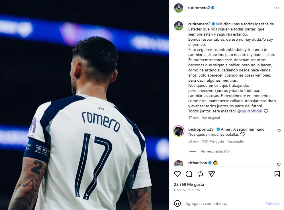 El durísimo posteo de Cristian Cuti Romero contra la dirigencia del Tottenham