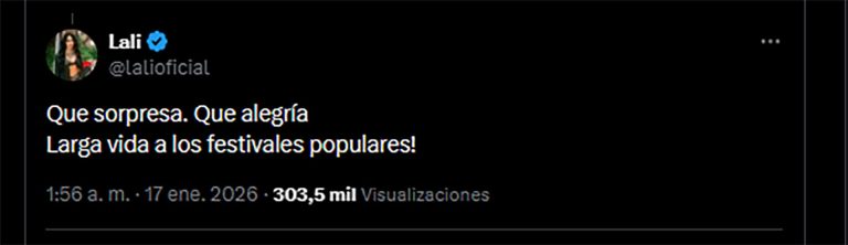 El irónico comentario de Lali sobre la participación de Javier Milei en el Festival de Jesús María