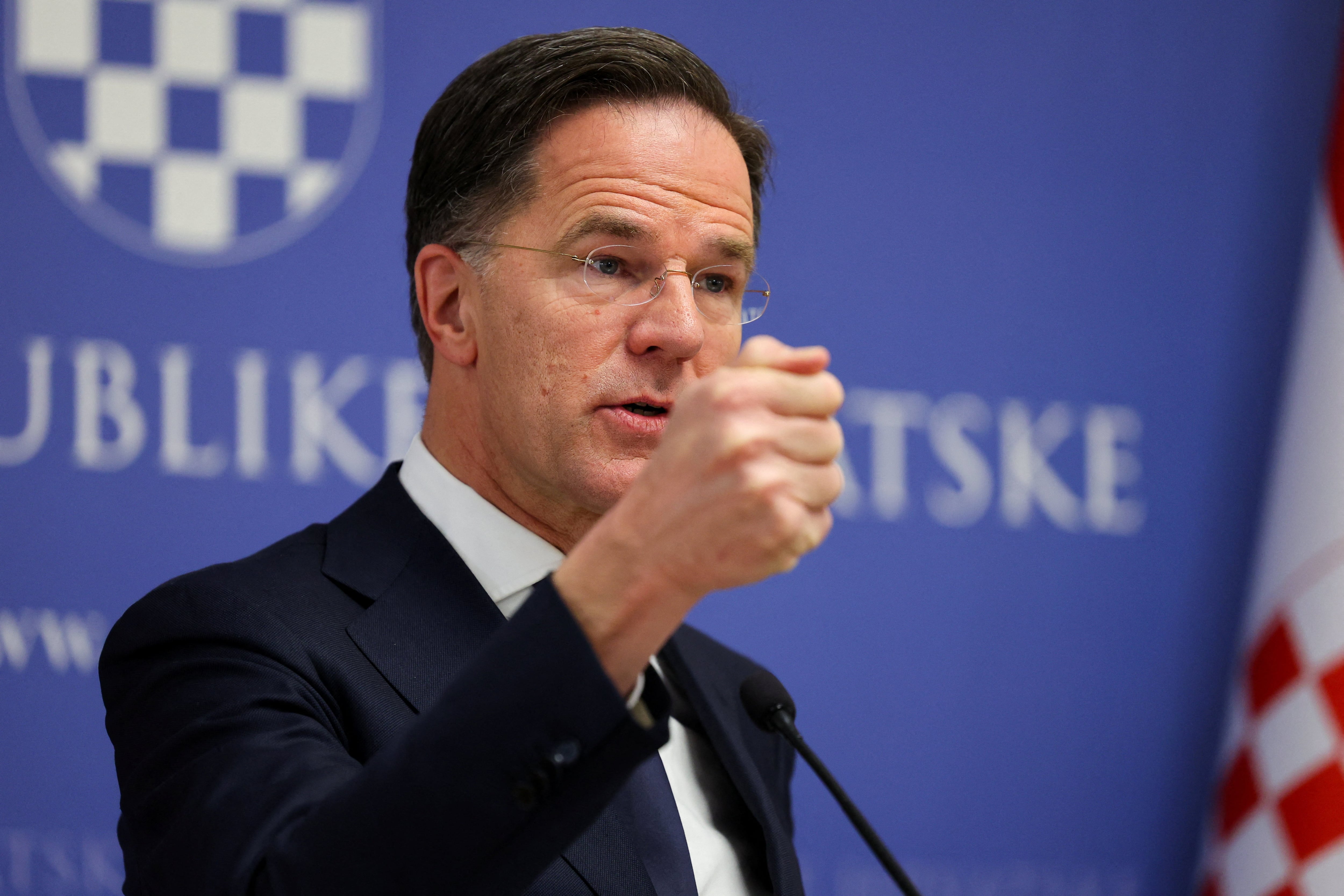 El secretario general de la OTAN, Mark Rutte, durante una conferencia de prensa en Zagreb, en una visita oficial a Croacia (REUTERS/Antonio Bronic)