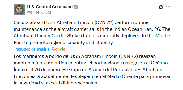 El mensaje del Comando Central de Estados Unidos en sus redes sociales