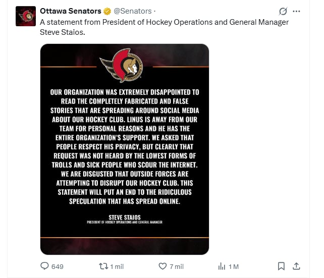 El comunicado de Ottawa Senators en medio de los rumores