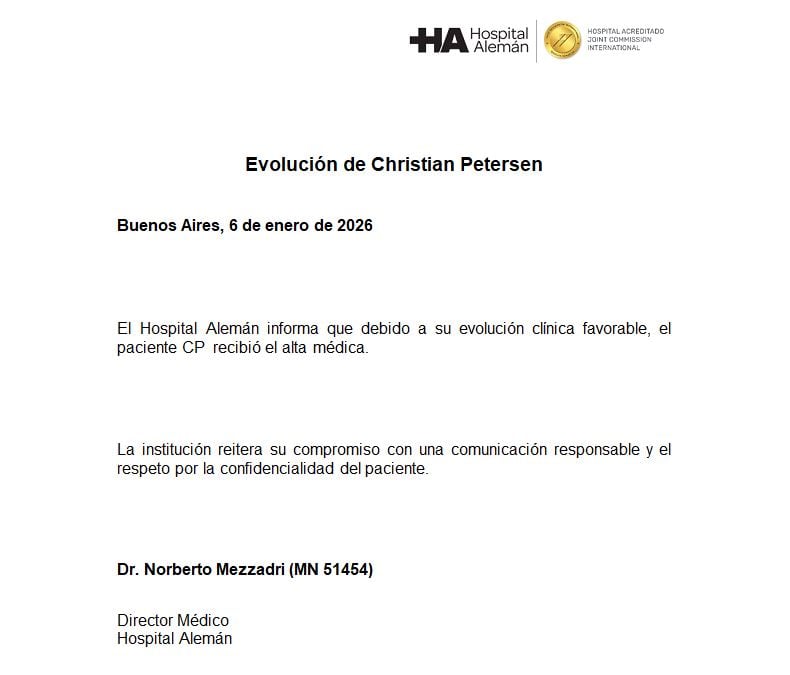 El comunicado del Hospital Alemán confirmando el alta del chef Christian Petersen