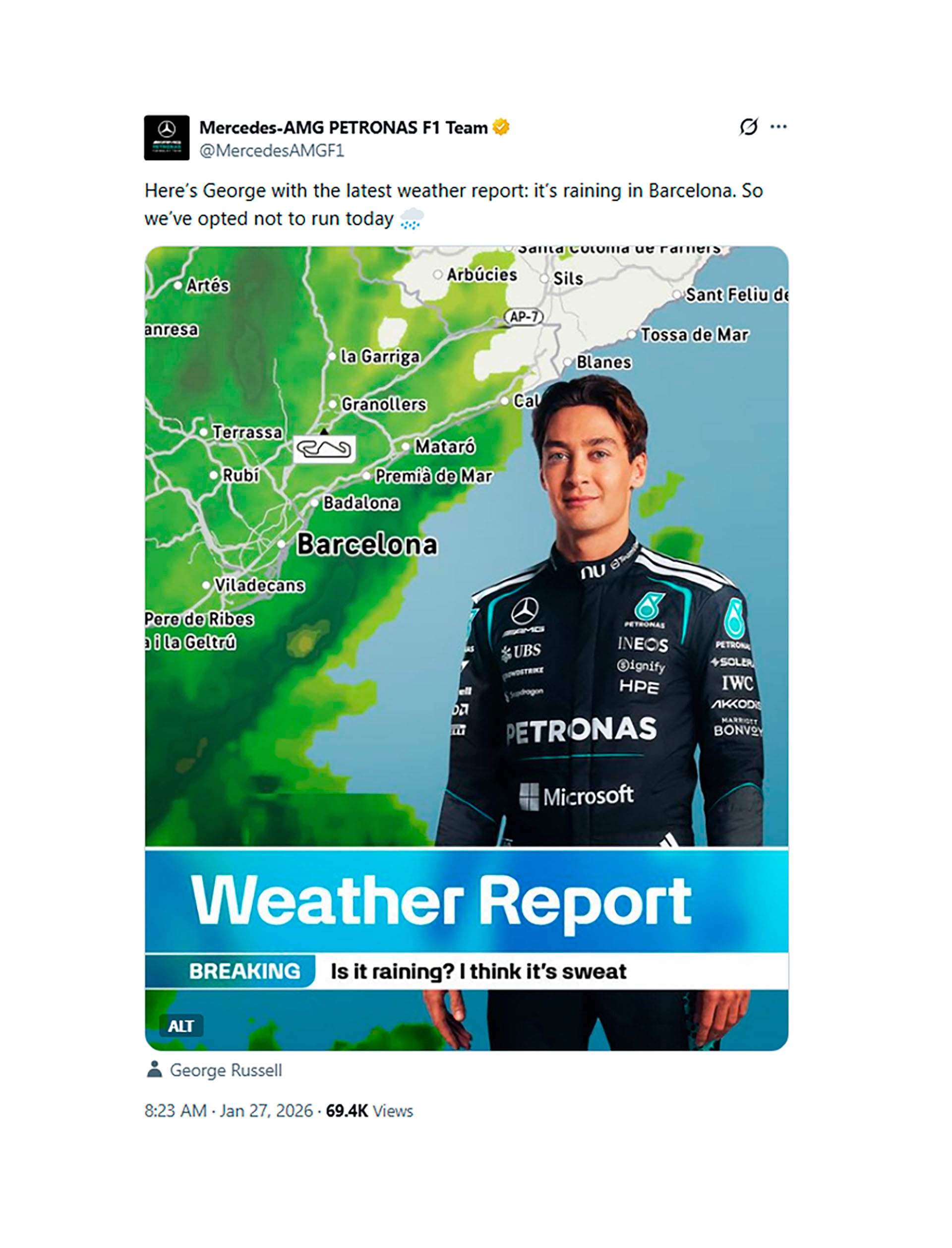 El posteo de Mercedes para anunciar que no correrá en el segundo día de actividad