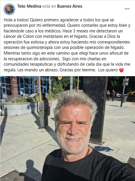 El sentido mensaje del Teto Medina al revelar los detalles de su salud (Facebook)