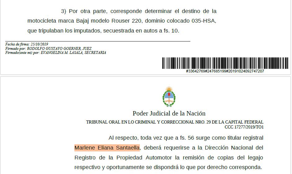 Fragmento de la condena a los ladrones colombianos que menciona a Santaella