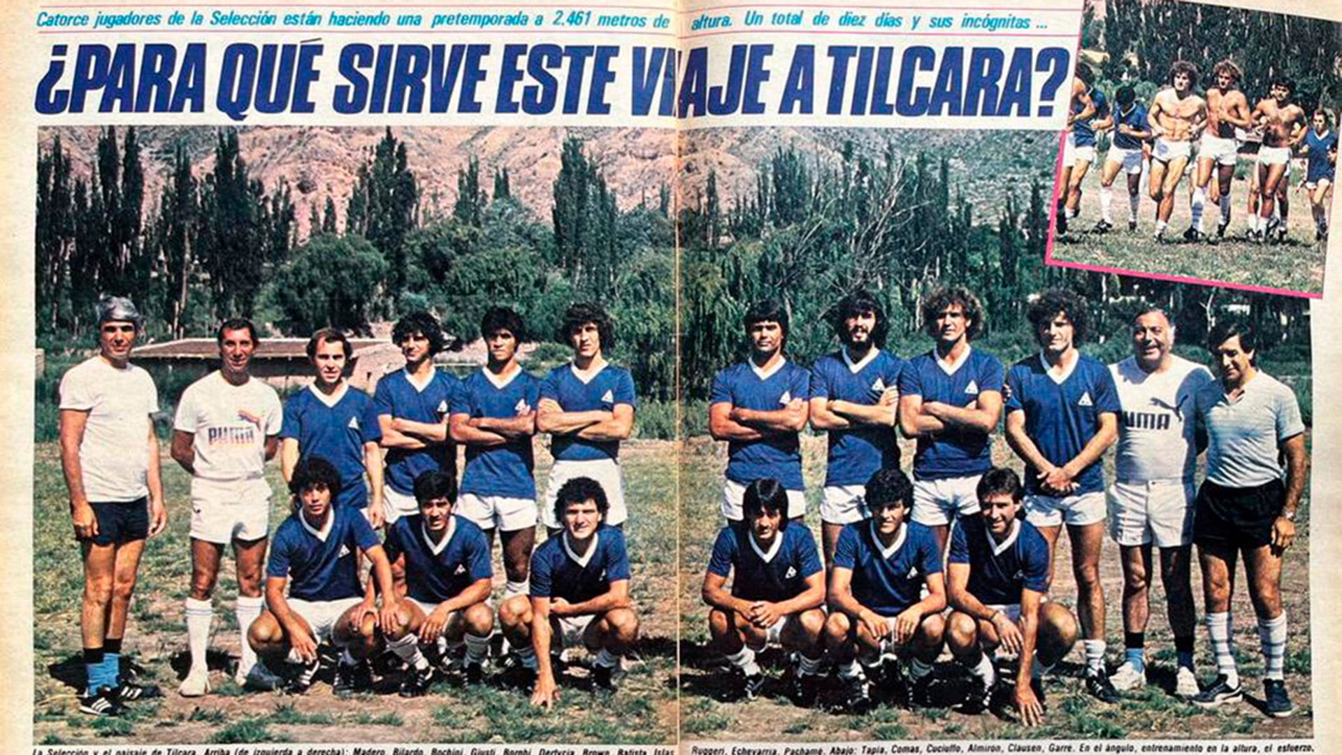 Plantel y cuerpo técnico en la geografía de Tilcara. Parados: Raúl Madero, Carlos Bilardo, Ricardo Bochini, Ricardo Giusti, Claudio Borghi, Oscar Dertycia, José Luis Brown, Sergio Batista, Luis Islas, Oscar Ruggeri, Ricardo Echavarría y Carlos Pachamé. Abajo: Carlos Tapia, Jorge Comas, José Luis Cuciuffo, Sergio Almirón, Néstor Clausen y Oscar Garré