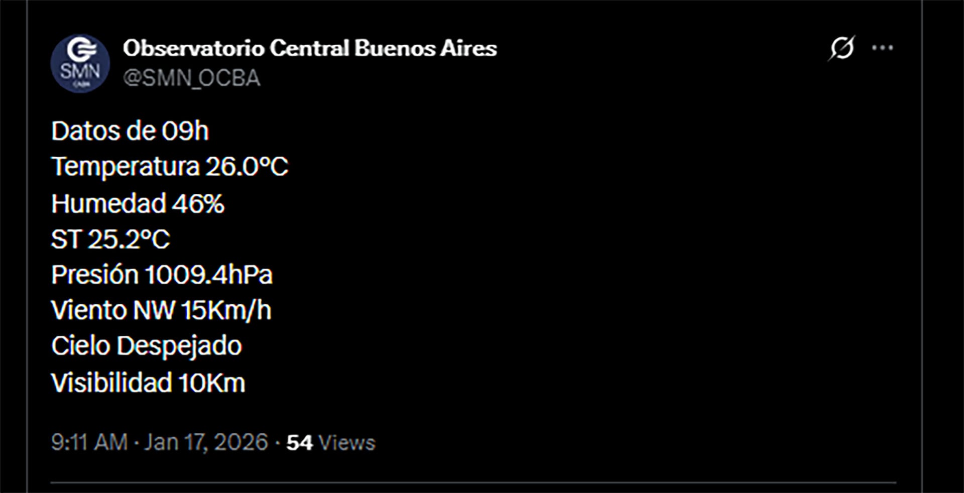El tiempo a las 9 durante este sábado 17 de enero (@SMN_OCBA)
