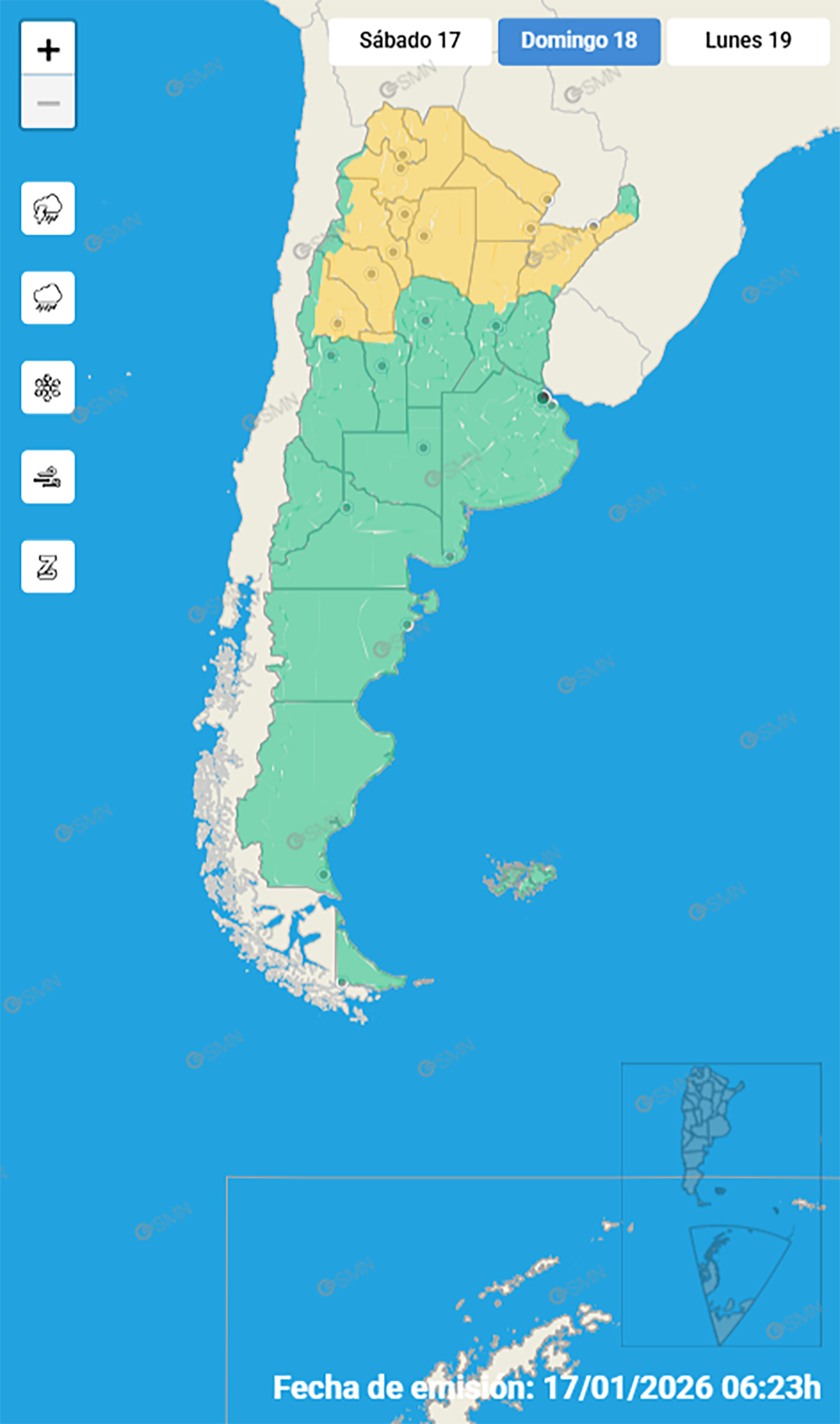 El mapa nacional de alerta amarilla por tormentas y vientos para la jornada de mañana (SMN) 