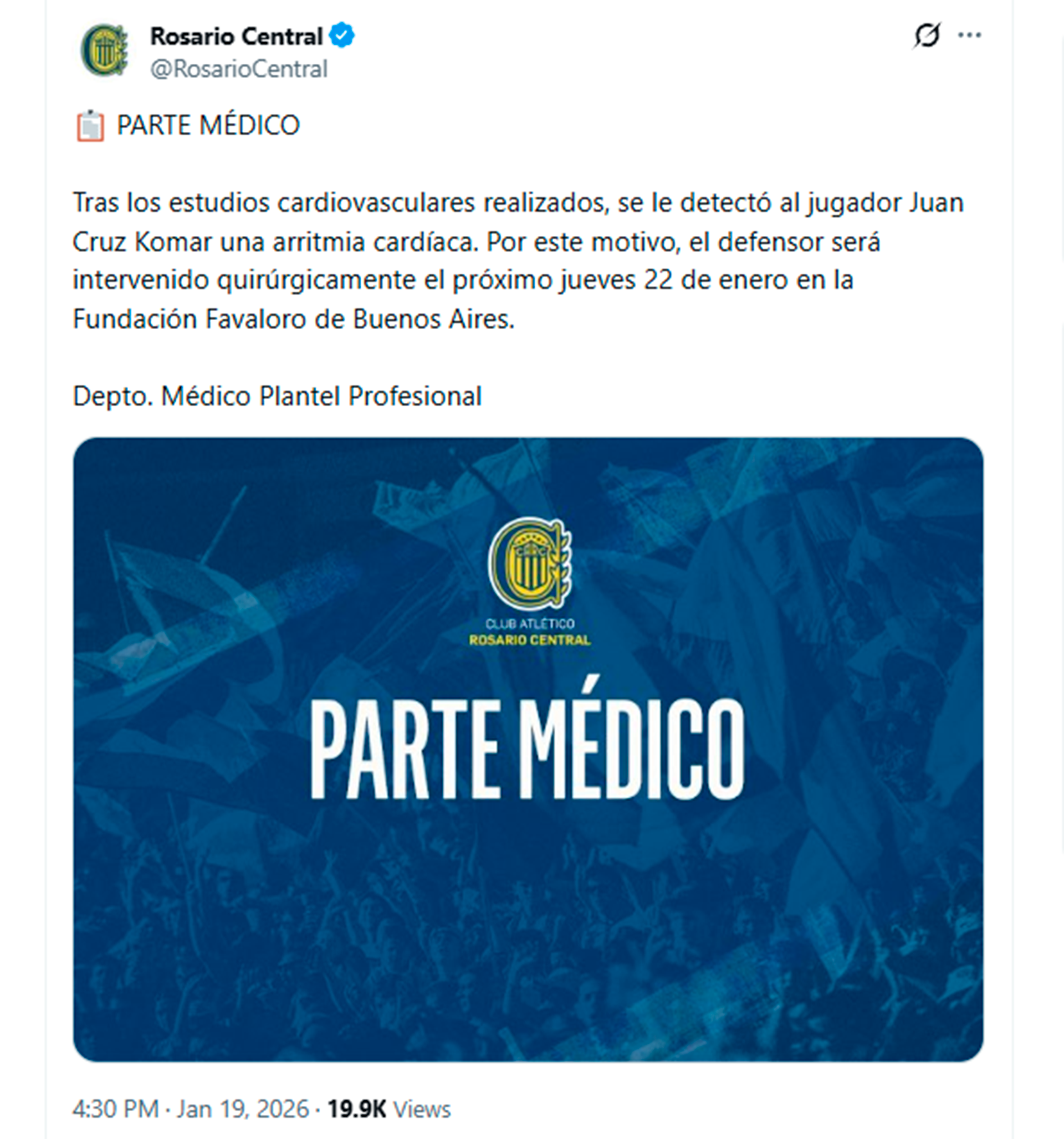 El comunicado oficial de Rosario Central informando el estado de salud de Komar