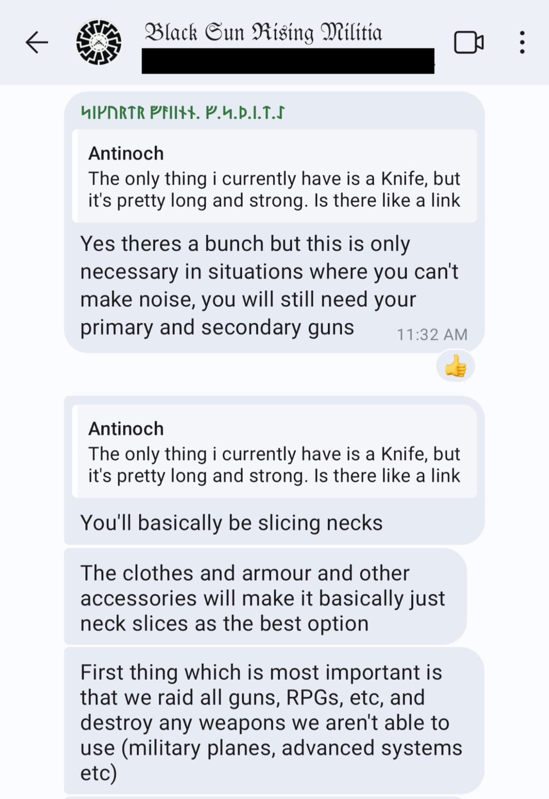 Mensaje publicado en el grupo de Signal de la Black Sun Rising Militia (crédito Michele Prado)