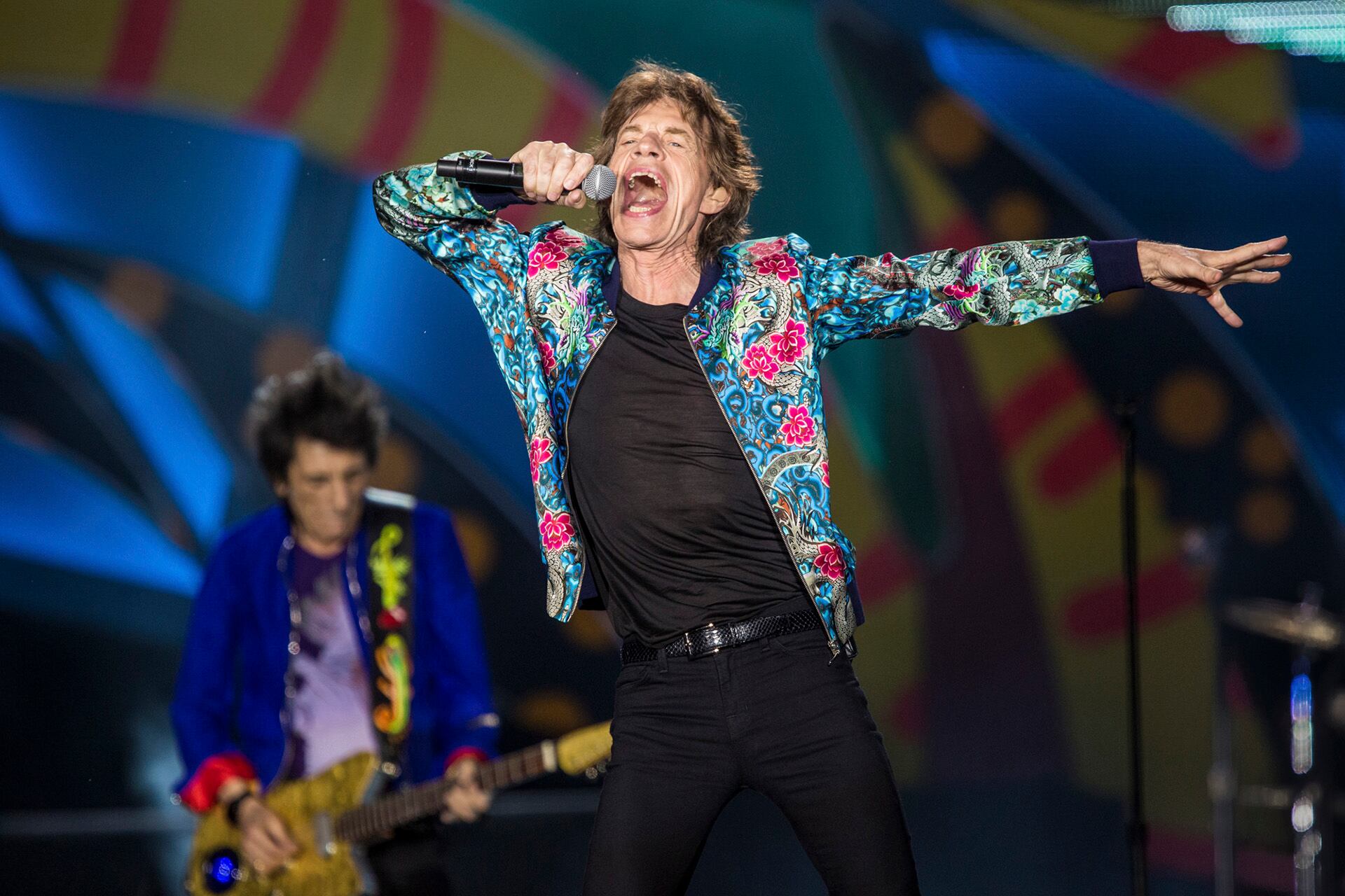 Mick Jagger y Ron Wood en el Estadio Único de La Plata durante la última visita de los Stones a la Argentina (Ignacio Arnedo)