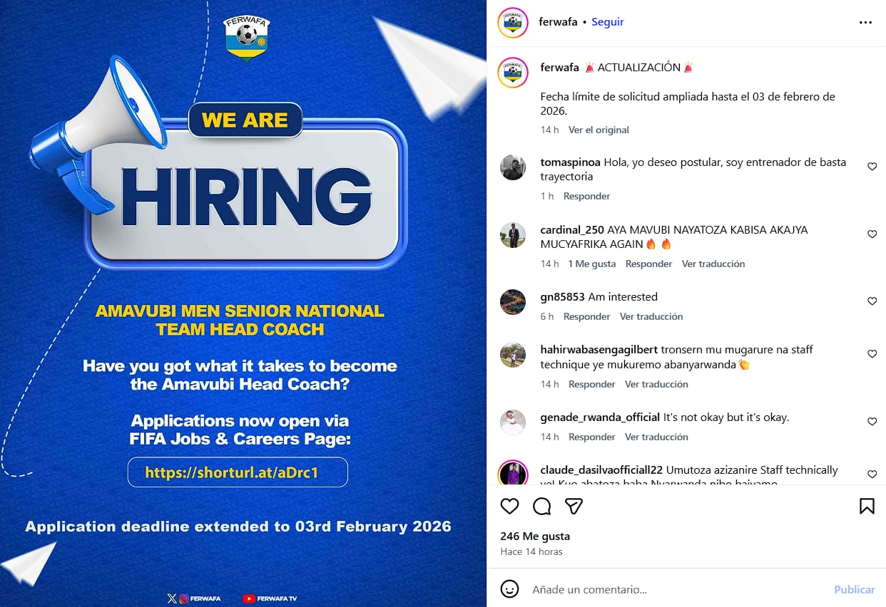 La publicación de la Federación de Ruanda promocionando la búsqueda de un entrenador