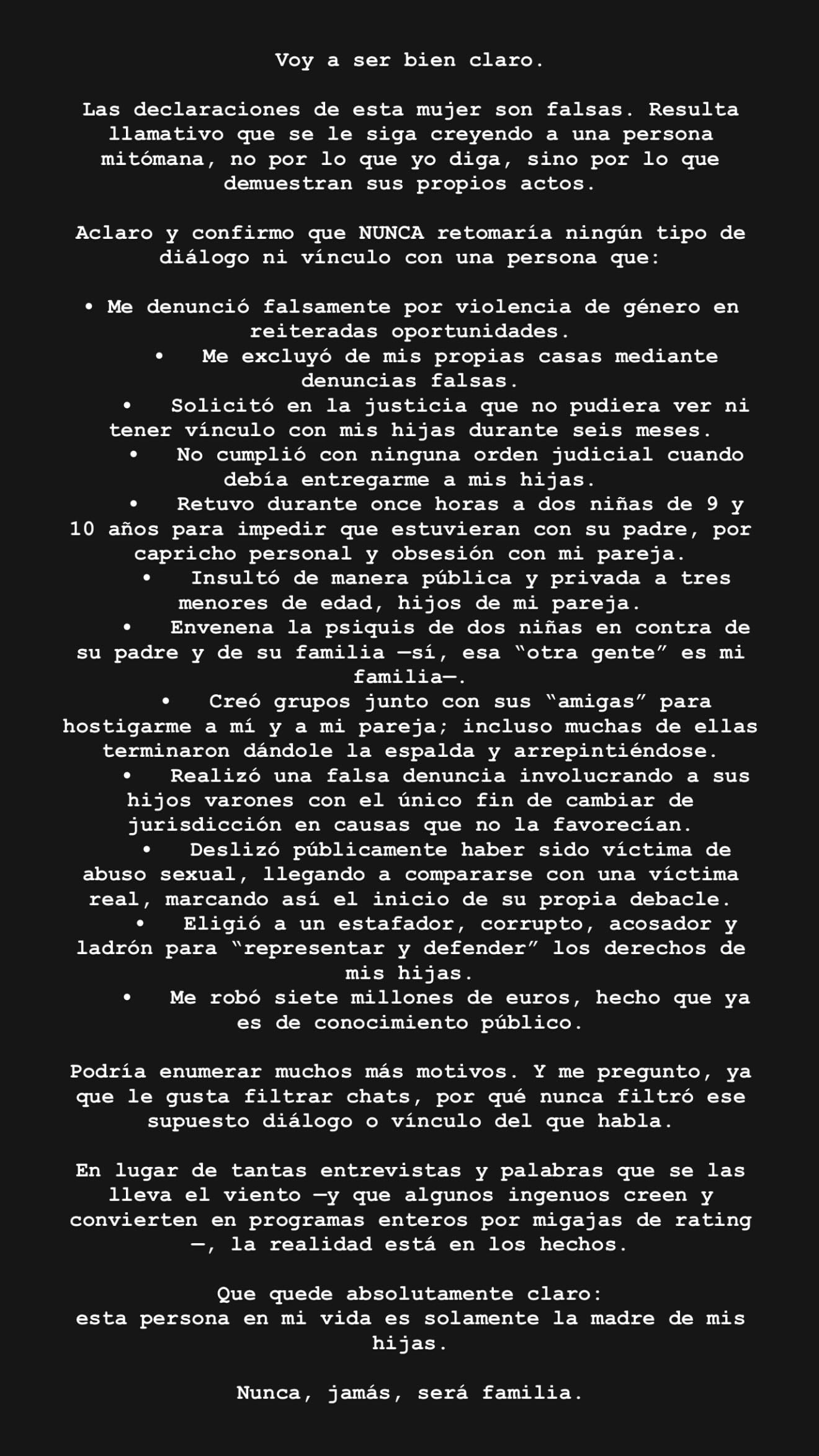 “Voy a ser bien claro. Las declaraciones de esta mujer son falsas. Resulta llamativo que se le siga creyendo a una persona mitómana, no por lo que yo diga, sino por lo que demuestran sus propios actos”, comenzó diciendo Mauro Icardi (Instagram)
