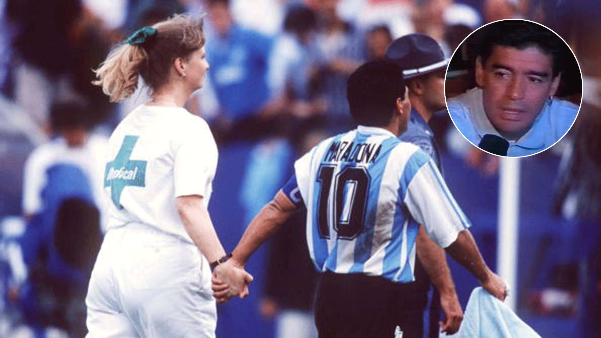 La enfermera Sue Carpenter se lleva a Diego al control: fue la última imagen de Pelusa como jugador con la casaca de Argentina