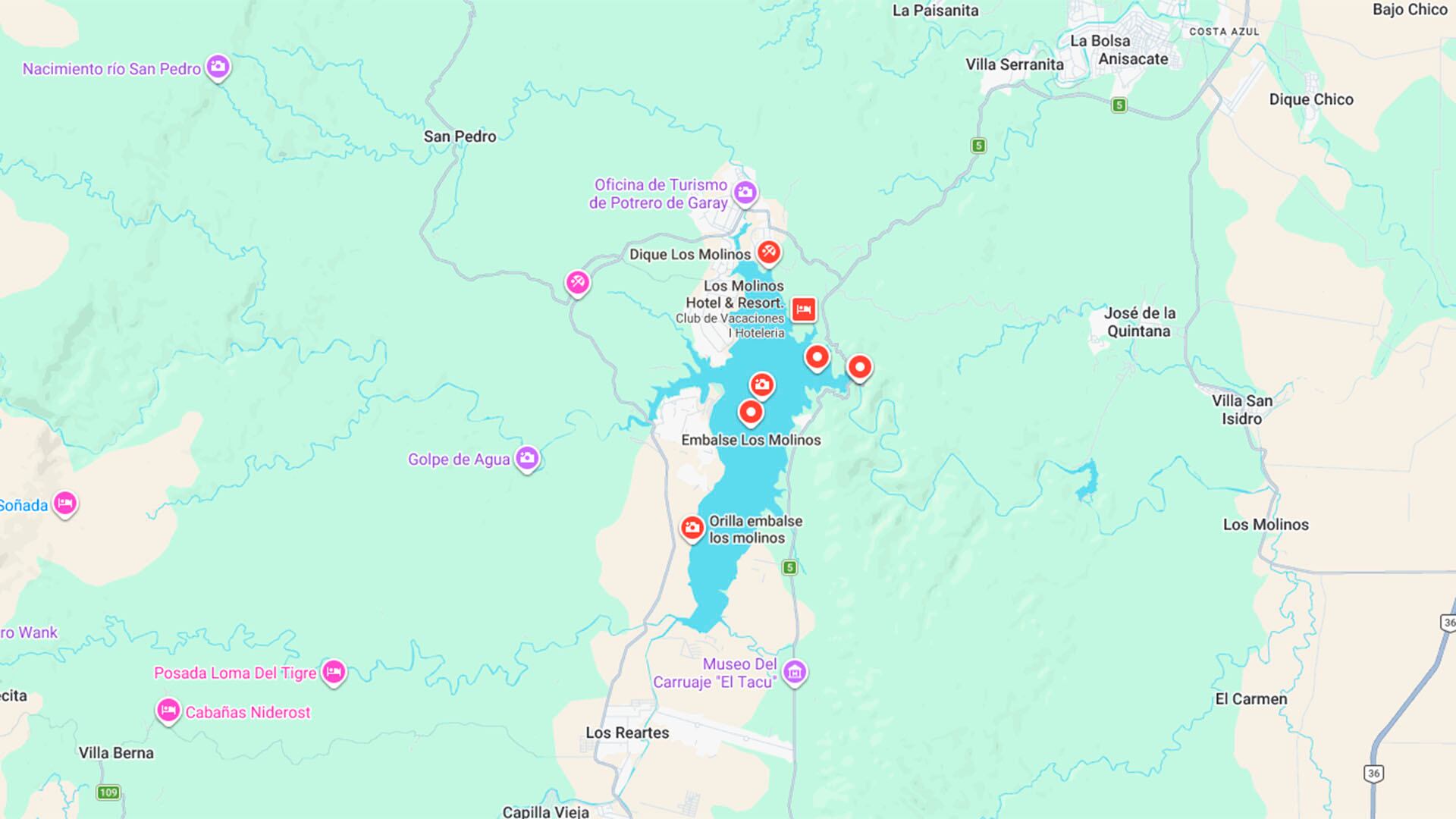 La ubicación del Embalse Los Molinos, a unos 70 kilómetros de Córdoba capital (Google Maps)